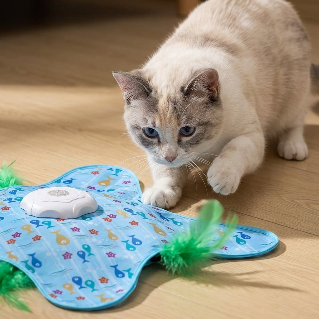 Katze spielt mit der Jagd-Matte mit Teaser-Stab