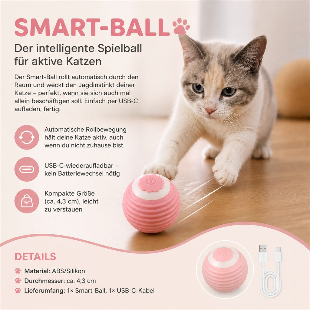Smart-Ball Infografik – automatische Rollbewegung, USB-C, kompakt