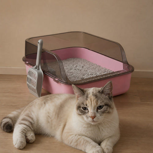 Katze liegt vor der halboffenen Katzentoilette in Rosa