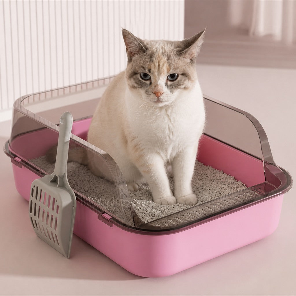 Katze in der halboffenen Katzentoilette mit hohem Rand