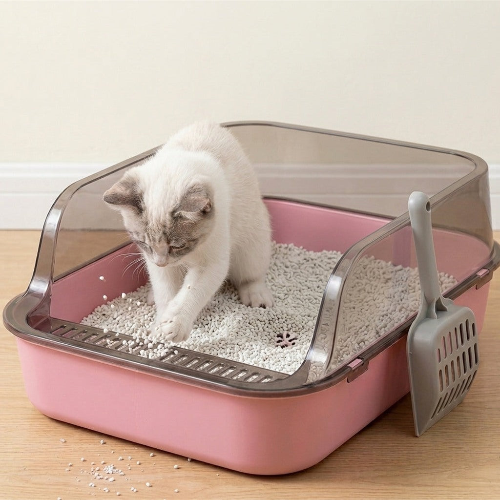 Katze scharrt in der rosa Katzentoilette