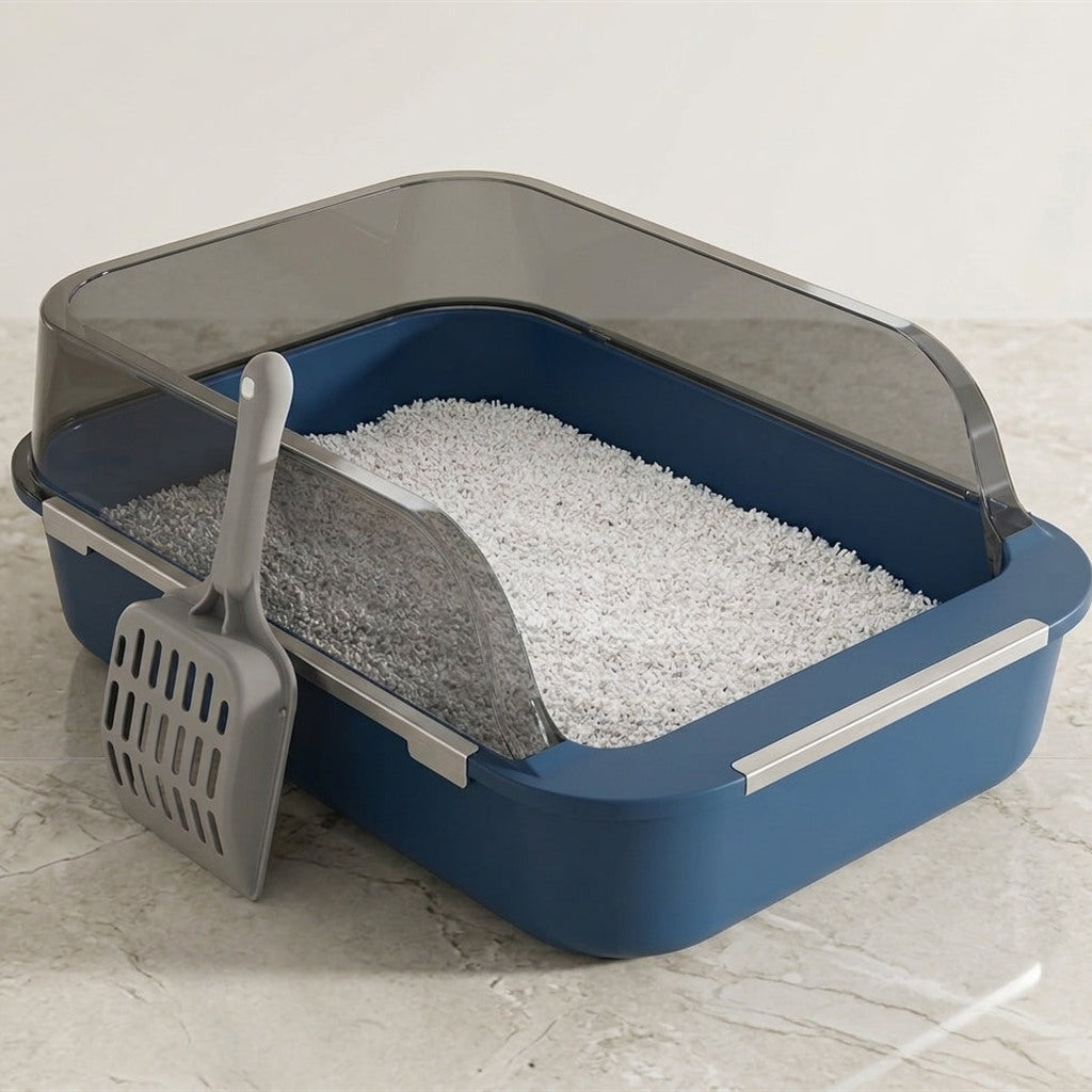 Halboffene Katzentoilette in Blau mit Streuschaufel